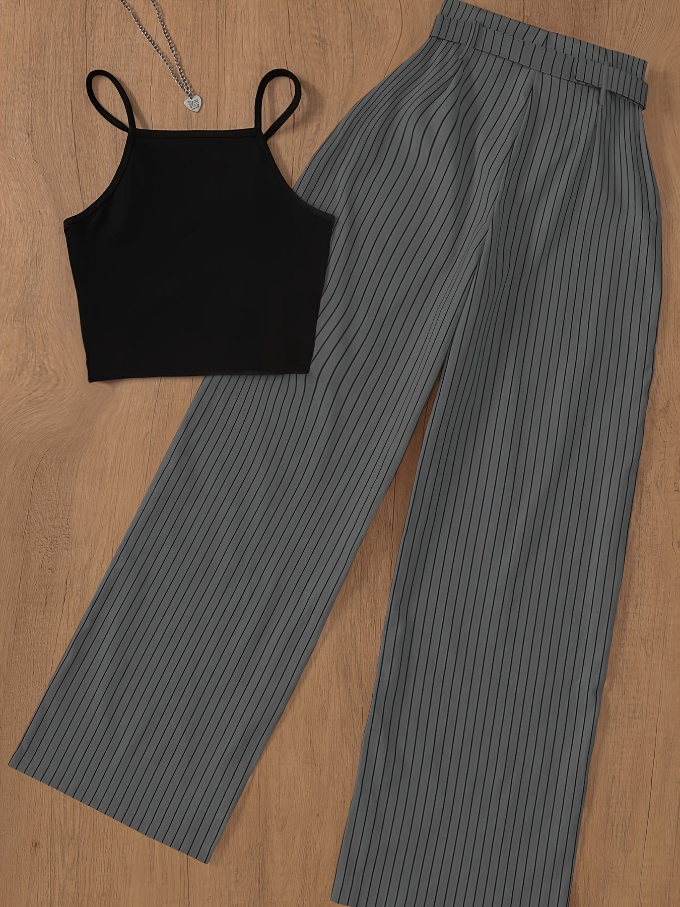 Ensemble femme élégant à rayures pour printemps/été, pantalon large et crop top chic