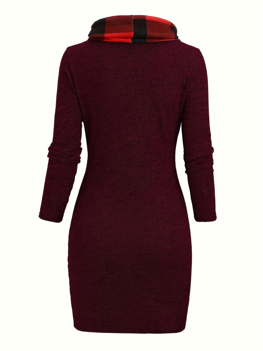 Robe Pull Courte Femme avec Col Cheminée et Motif Carreaux Bicolores