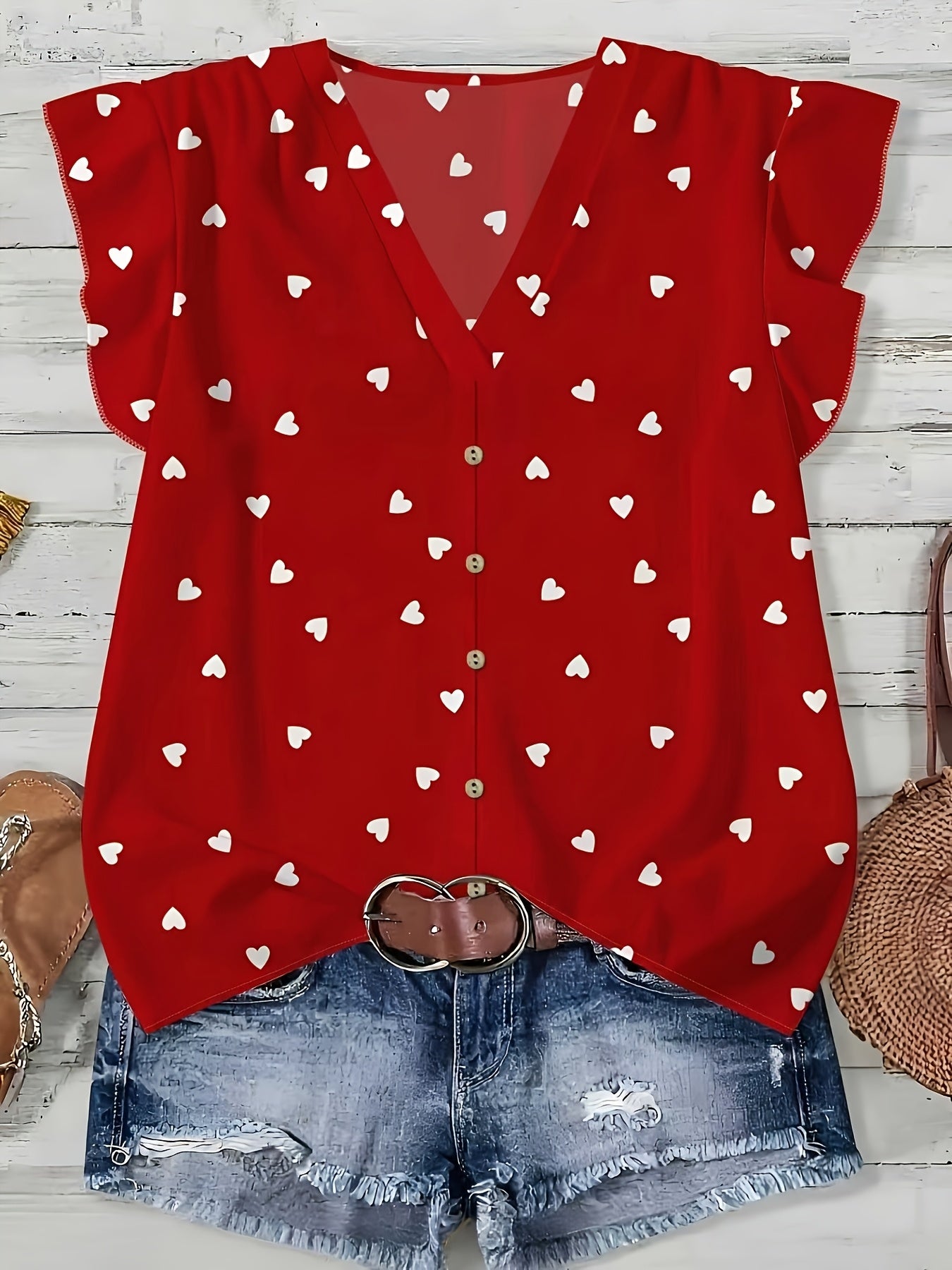 Women's casual blouse with heart print, summer style, V-neck, buttoned