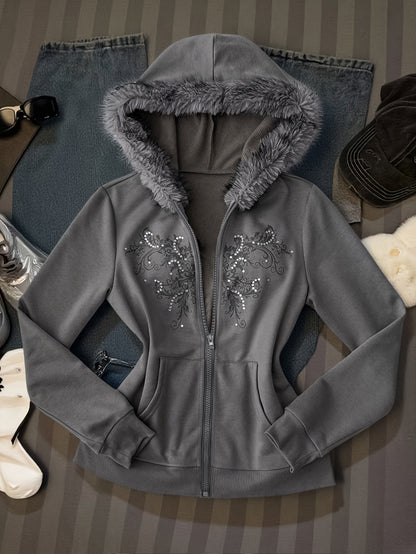 Veste à capuche grise pour femme avec bordure en fausse fourrure et motif brodé