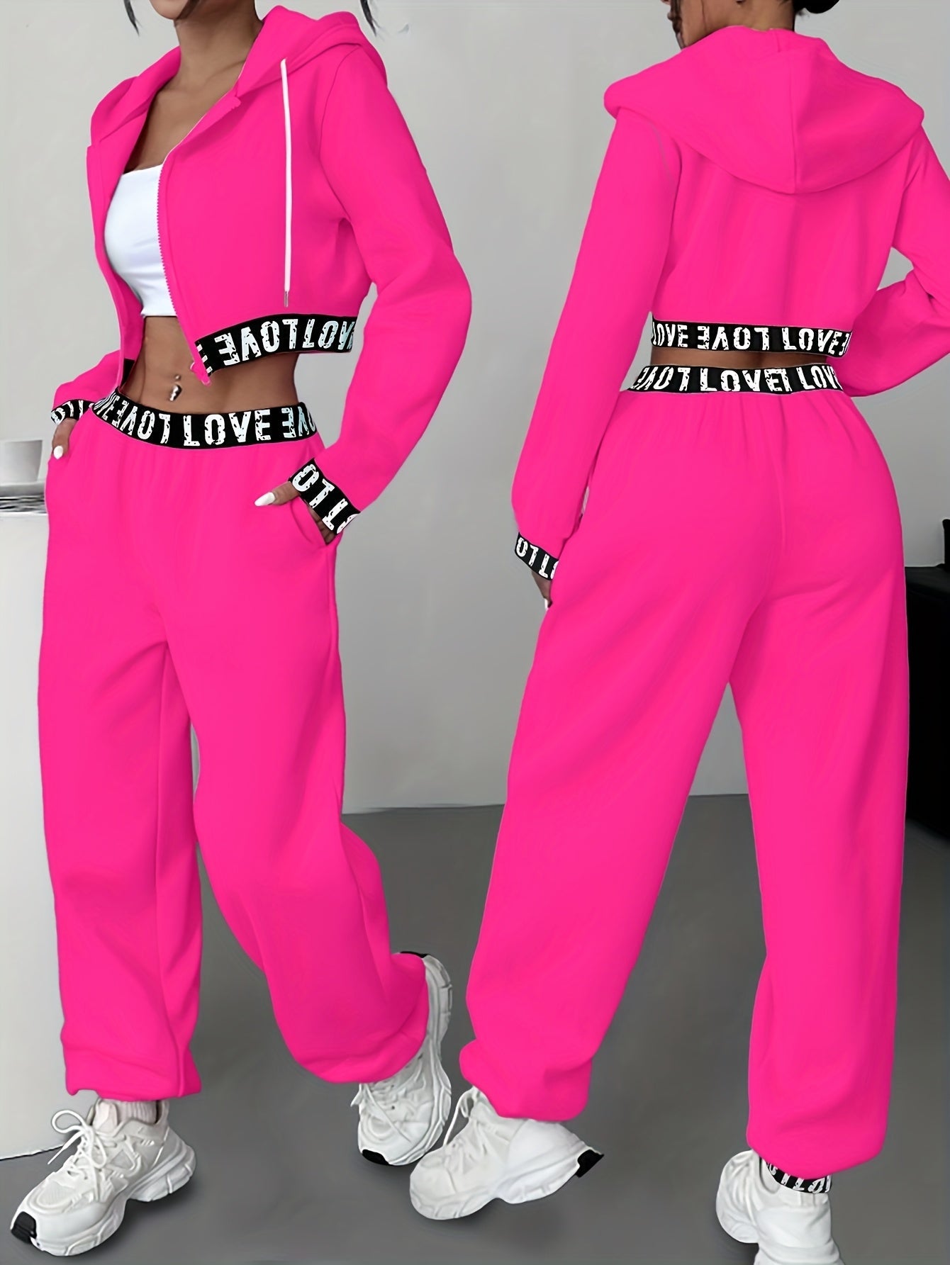 Ensemble survêtement femme crop top à capuche et pantalon large couleur unie