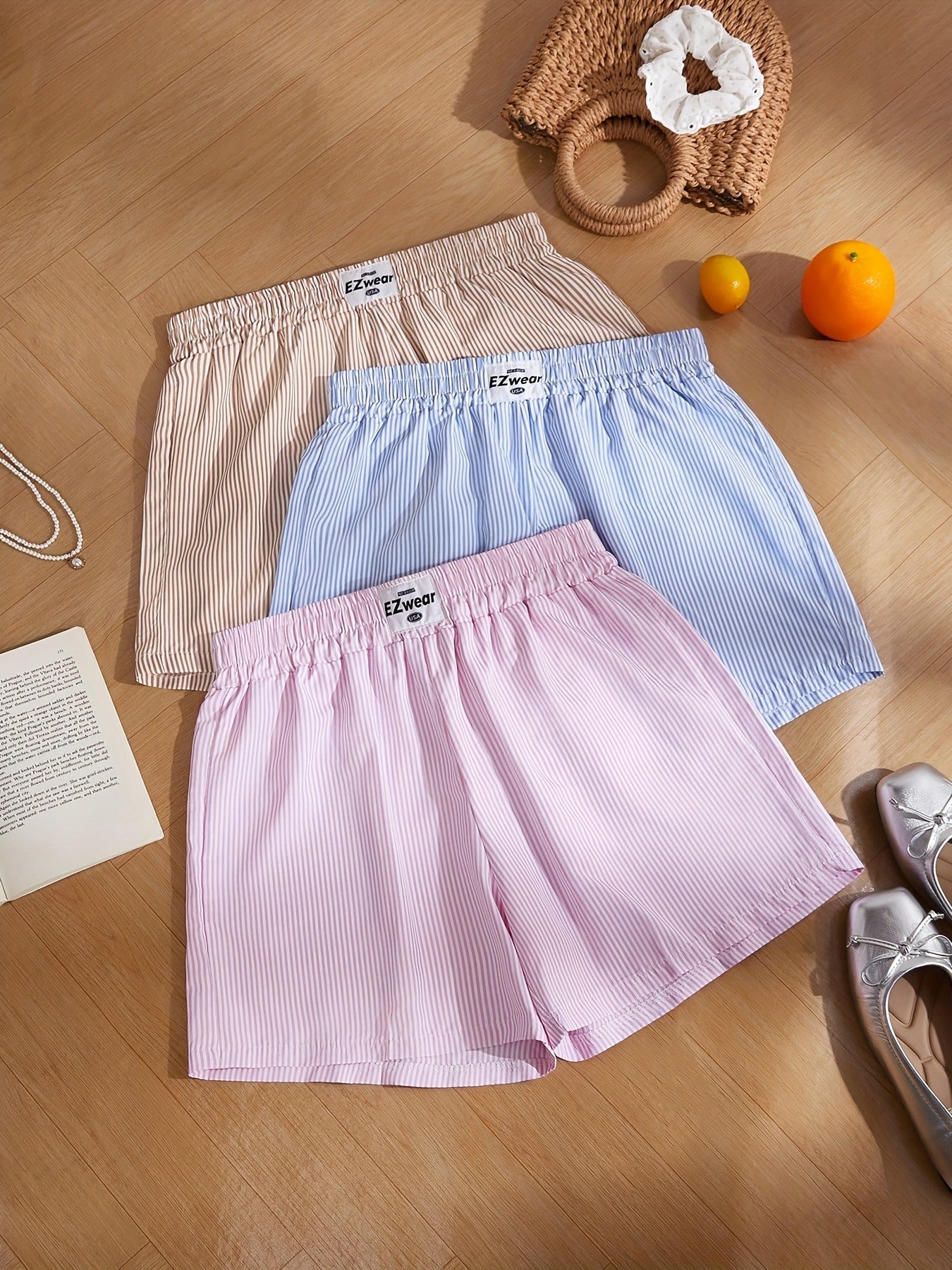 Shorts décontractés à rayures pour femme, lot de 3, style confortable pour la maison ou l'été
