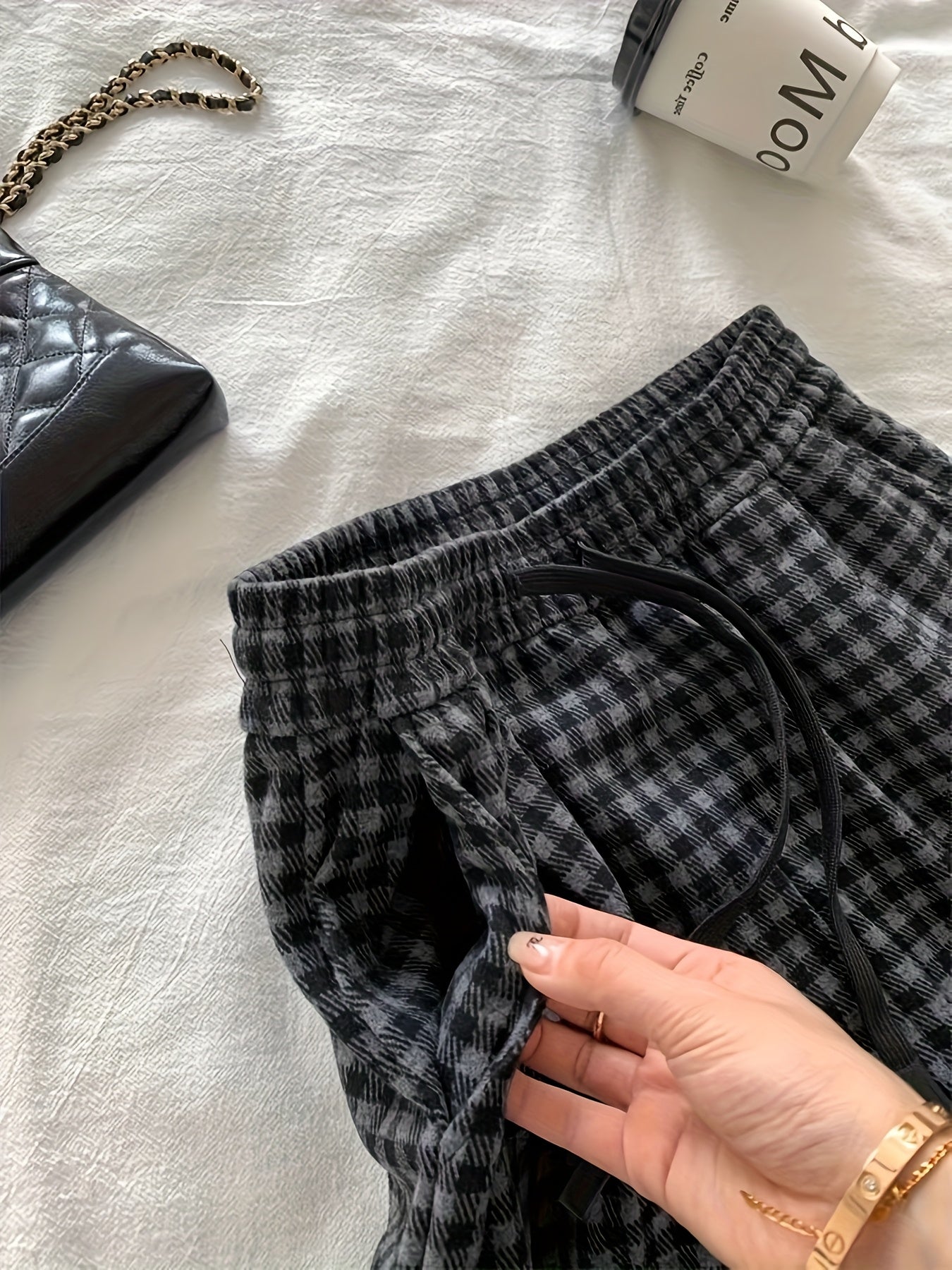 Pantalon large à carreaux Vichy noir et gris avec taille élastique et cordon