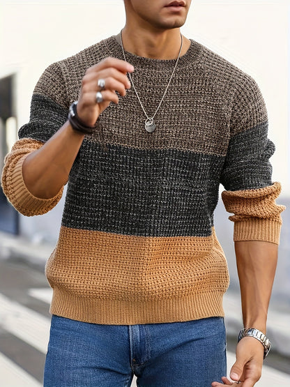 Pull Homme Col Rond Maille Texturée Tricolore Beige Marron Noir