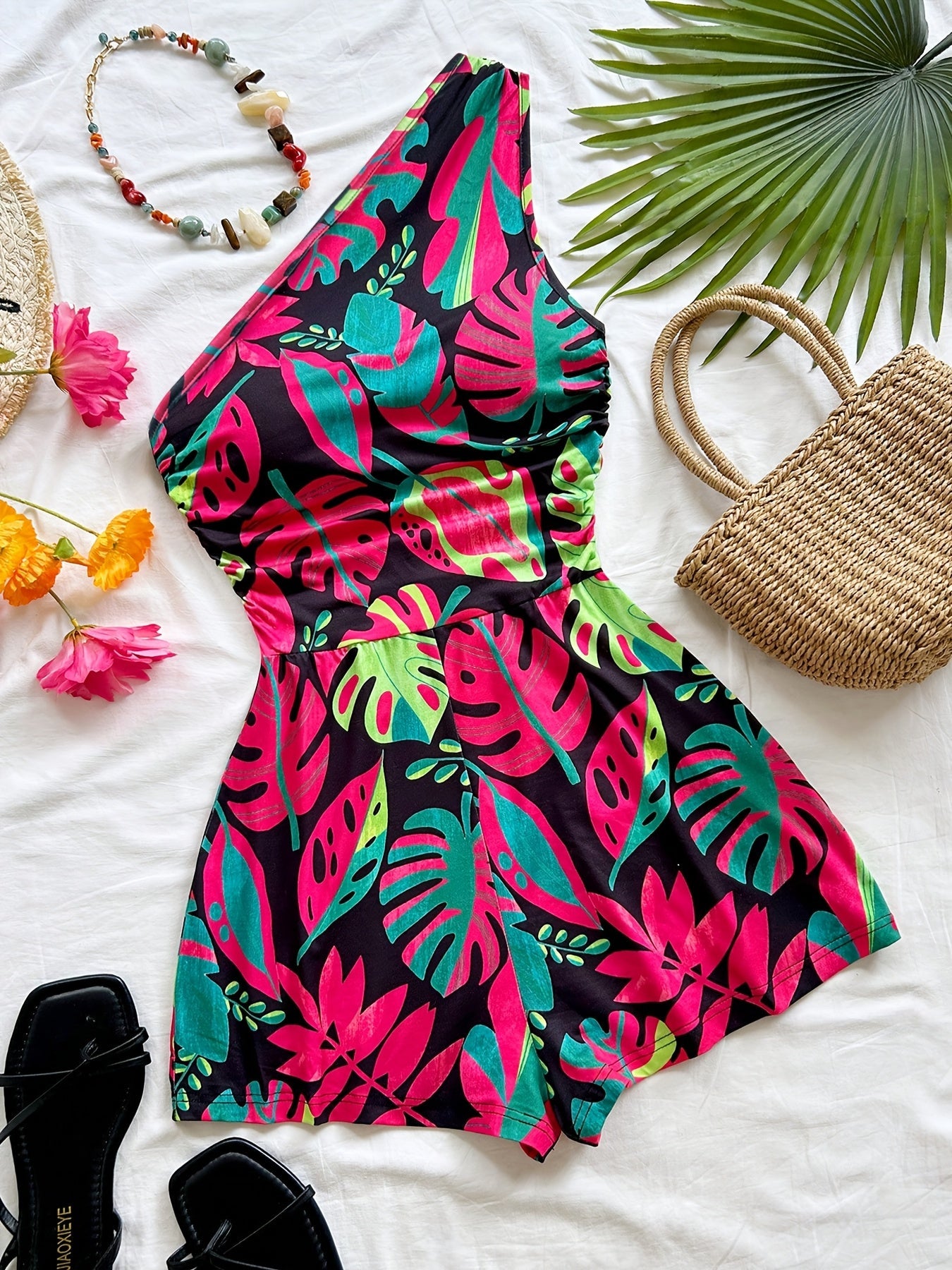 Damen Jumpsuit mit Shorts, einseitig, tropischer Chic für den Sommer