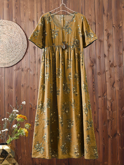 Abito lungo casual donna stile bohemien con stampa floreale e scollo a V, ideale per l'estate