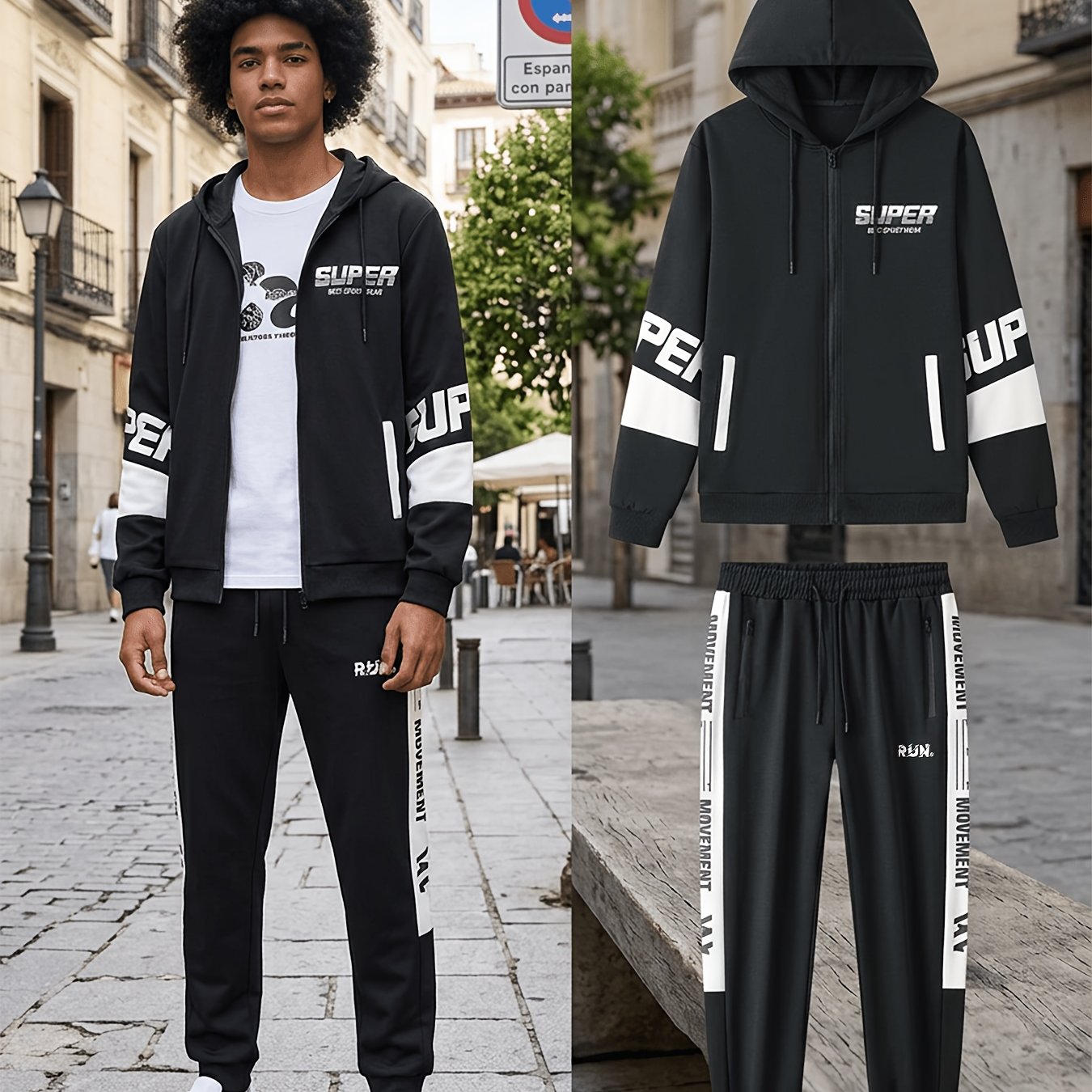 Ensemble Homme Sportif Noir avec Capuche et Bandes Latérales