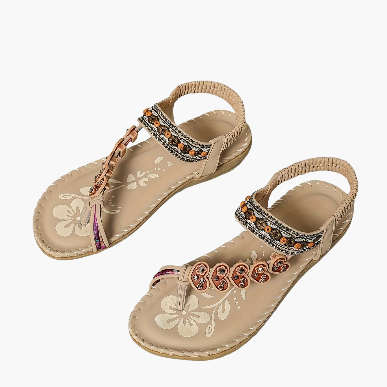 Sandales Tribales pour Femme Style Été avec Ornements Floraux et Bride Cheville