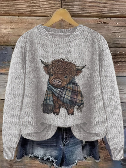 Women's Crew Neck Highland Cow Graphic Pullover Sweater