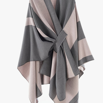 Poncho Cape Femme Rayé Bicolore avec Nœud Décoratif Doux