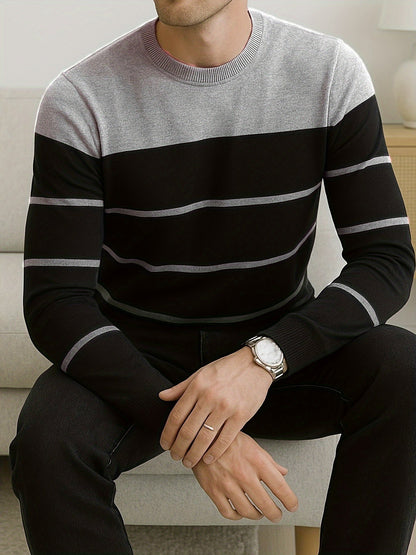 Pull Homme à Col Rond Rayé Vert Blanc Manches Longues Décontracté