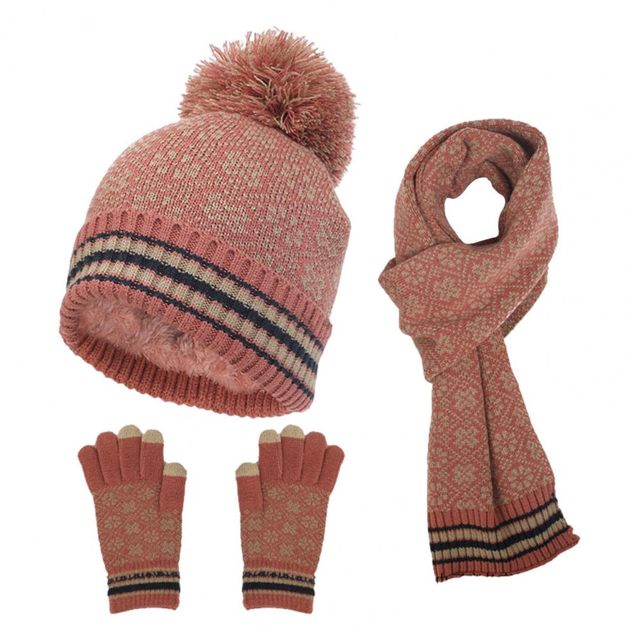 Gebreide set met muts, sjaal en handschoenen, wintermotief met pompon