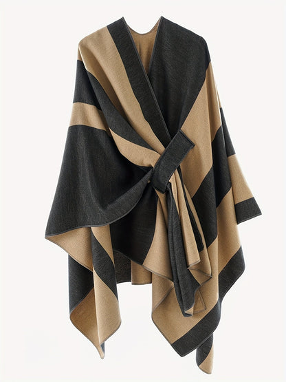 Poncho Cape Femme Rayé Bicolore avec Nœud Décoratif Doux