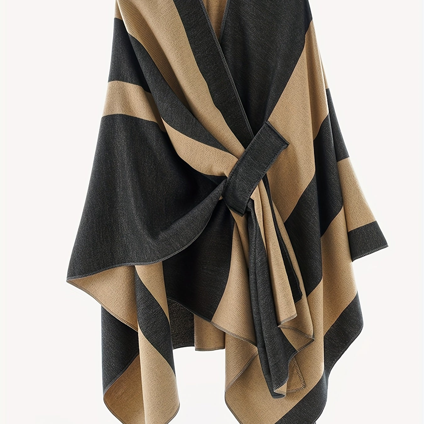 Poncho Cape Femme Rayé Bicolore avec Nœud Décoratif Doux