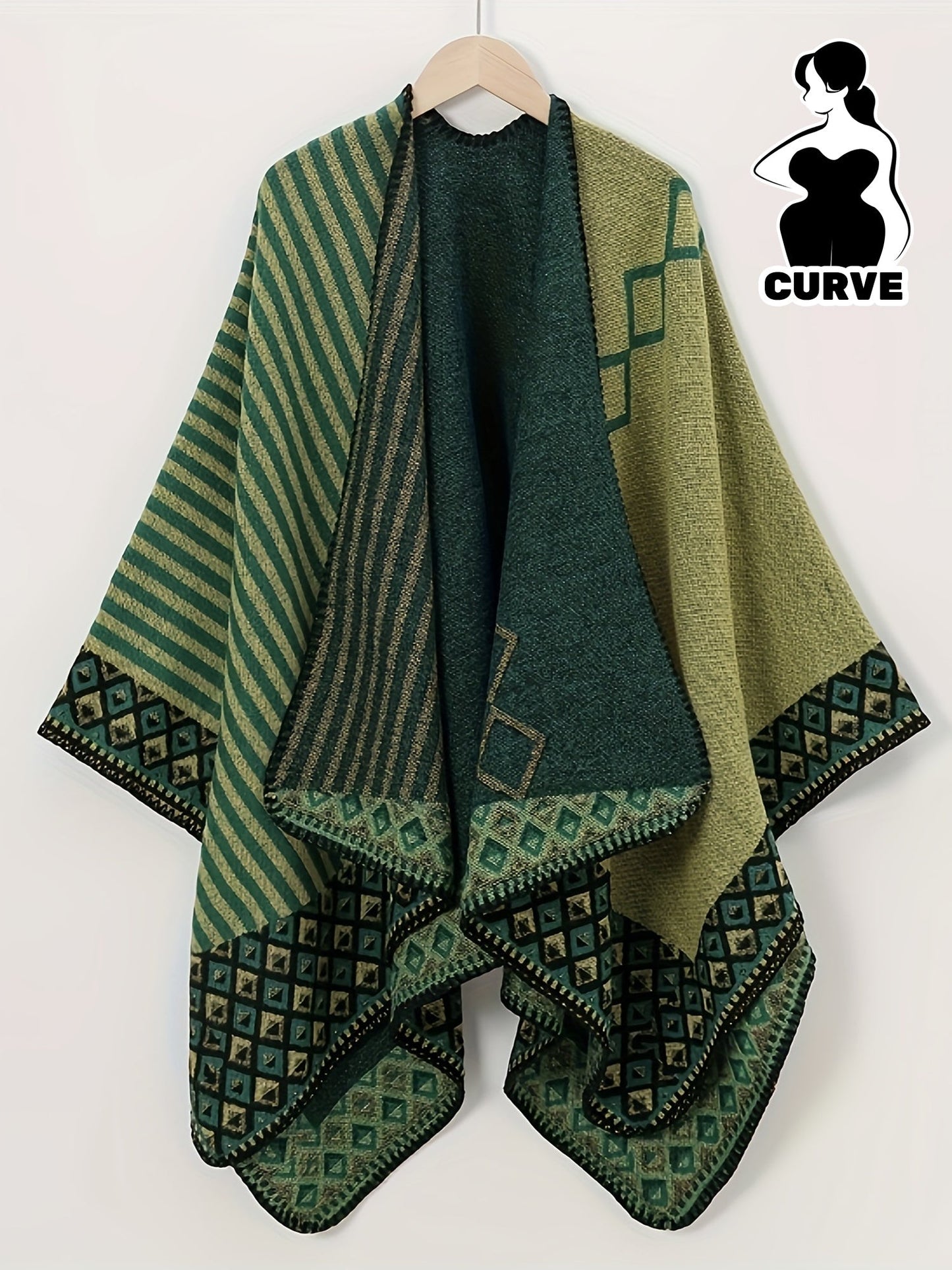Cape Poncho Femme Réversible Vert Motif Géométrique Rayé Grande Taille