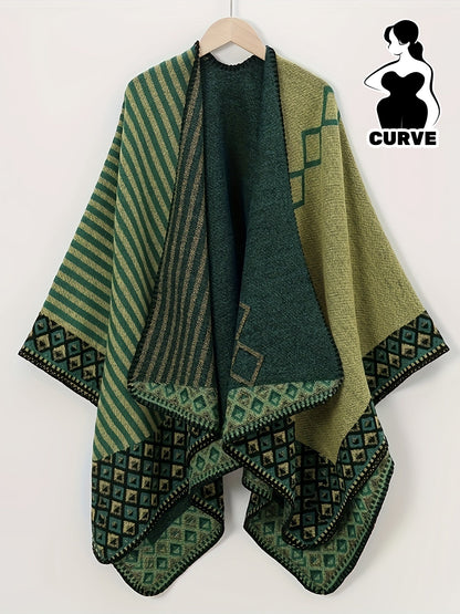 Cape Poncho Femme Réversible Vert Motif Géométrique Rayé Grande Taille