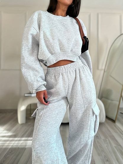 Ensemble survêtement femme décontracté gris clair pull court et pantalon cargo ample