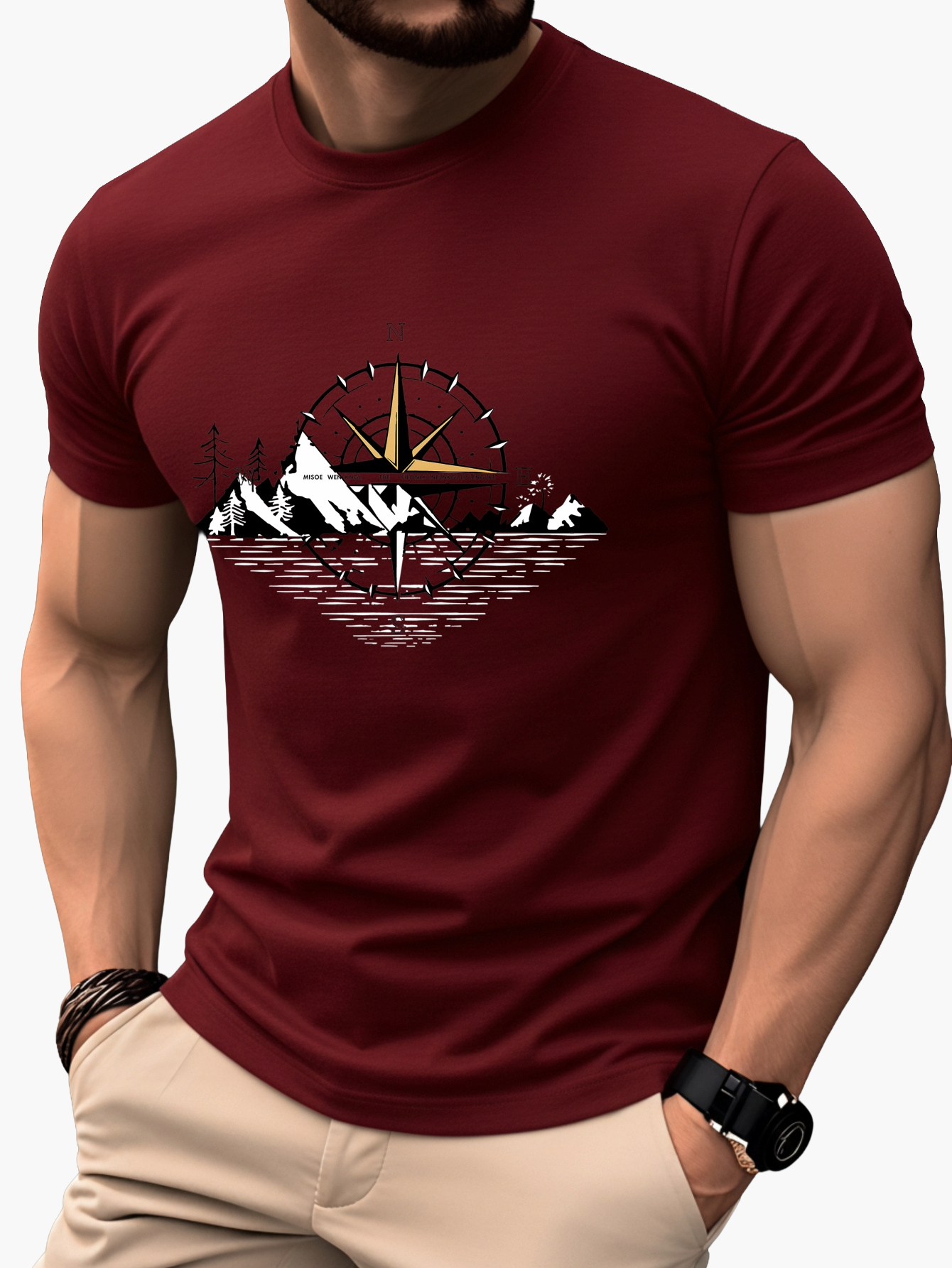 T-shirt Homme Style Aventure Montagne Boussole Graphique – Casual et Voyage