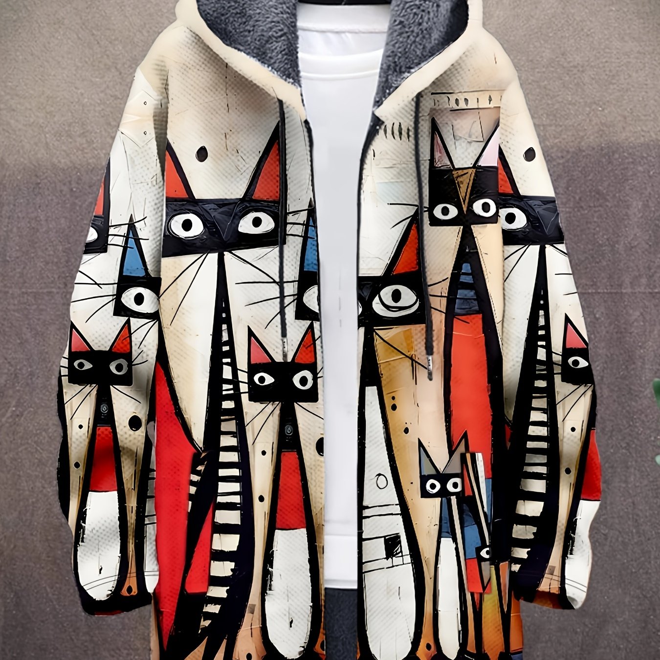 Manteau à capuche doublé en polaire imprimé fantaisie pour homme, fermeture éclair, motif vagues ou animaux