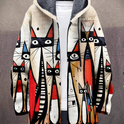 Manteau à capuche doublé en polaire imprimé fantaisie pour homme, fermeture éclair, motif vagues ou animaux