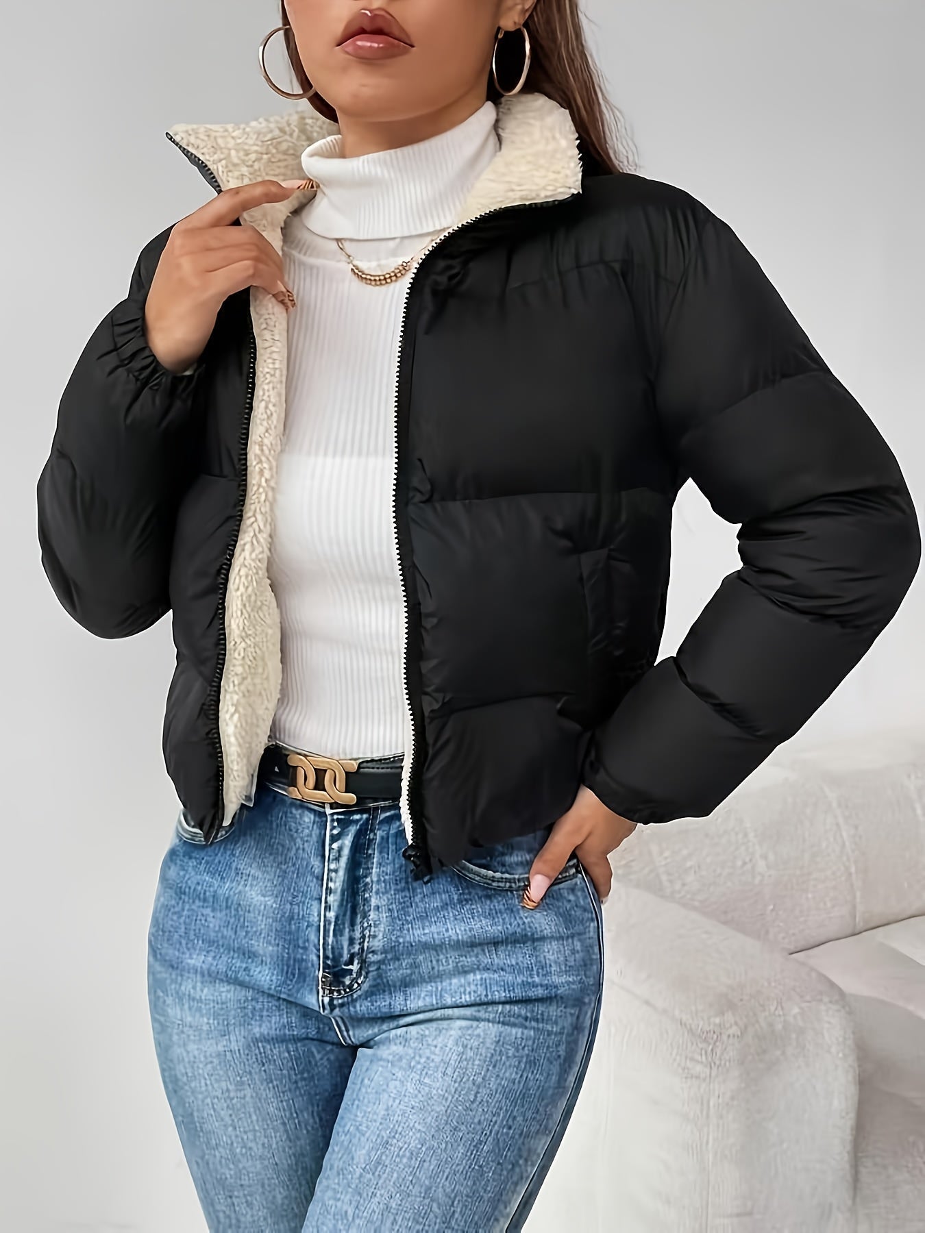 Doudoune Courte Femme Matelassée Col Montant Doublure Douce Noir