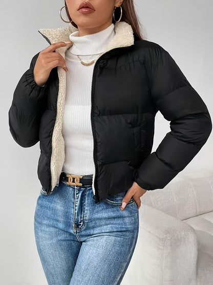 Doudoune Courte Femme Matelassée Col Montant Doublure Douce Noir