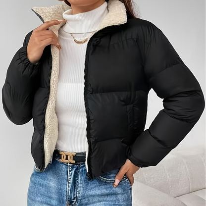 Doudoune Courte Femme Matelassée Col Montant Doublure Douce Noir