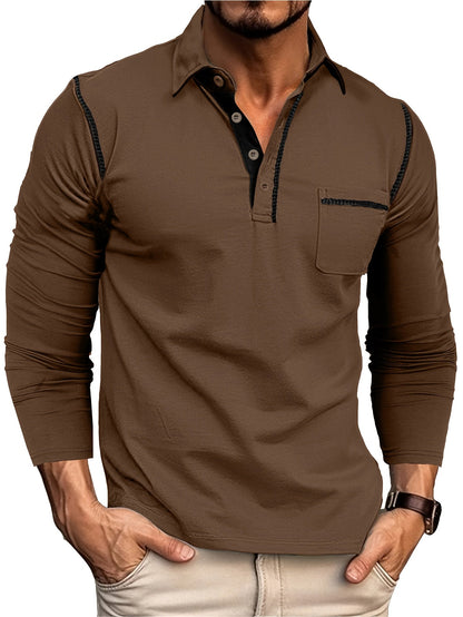 Polo Homme Manches Longues à Col Relevé avec Patte de Boutons et Poches Poitrine Décoratives