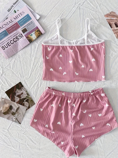 Pyjama d'été femme deux pièces style mignon à cœurs, ensemble débardeur et short, confortable pour la nuit