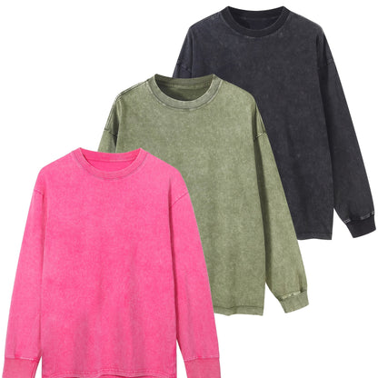 Sweat-shirt unisex lavé col rond décontracté à manches longues effet délavé