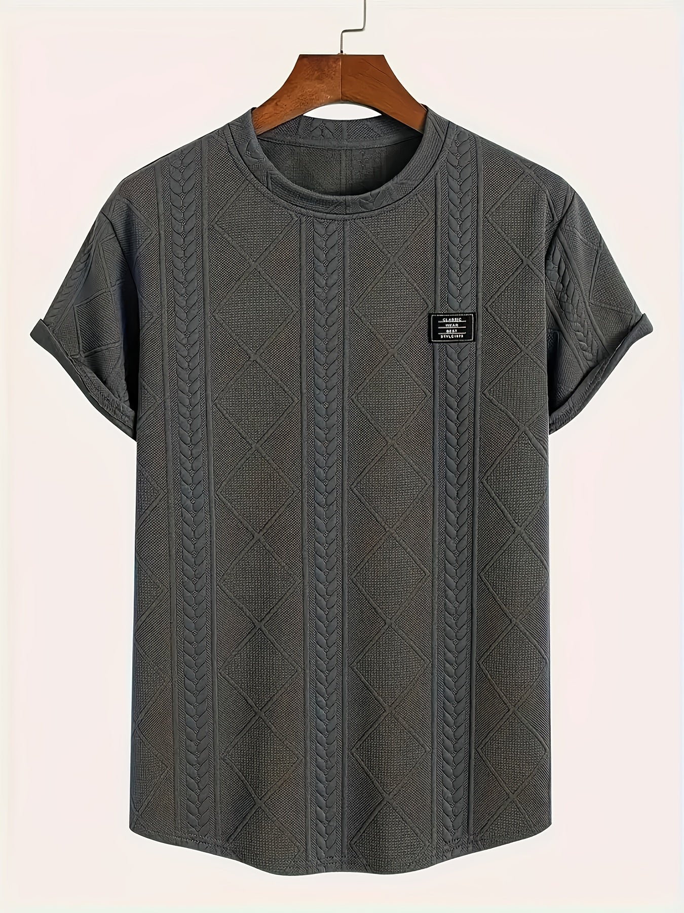 T-shirt homme style casual à motif tricot, col rond, manches courtes, idéal pour l’été