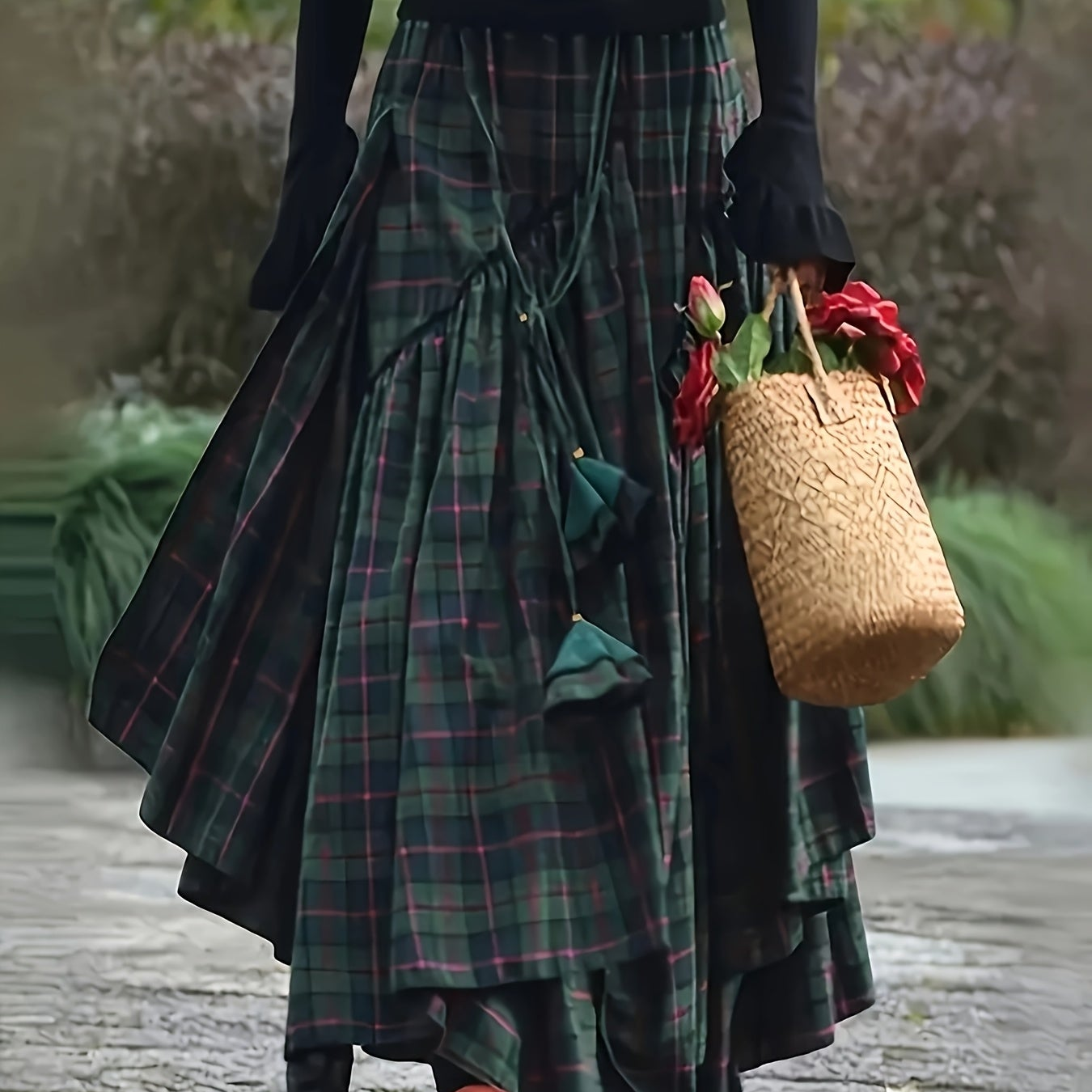 Jupe longue asymétrique à carreaux avec pompons Vert et rose