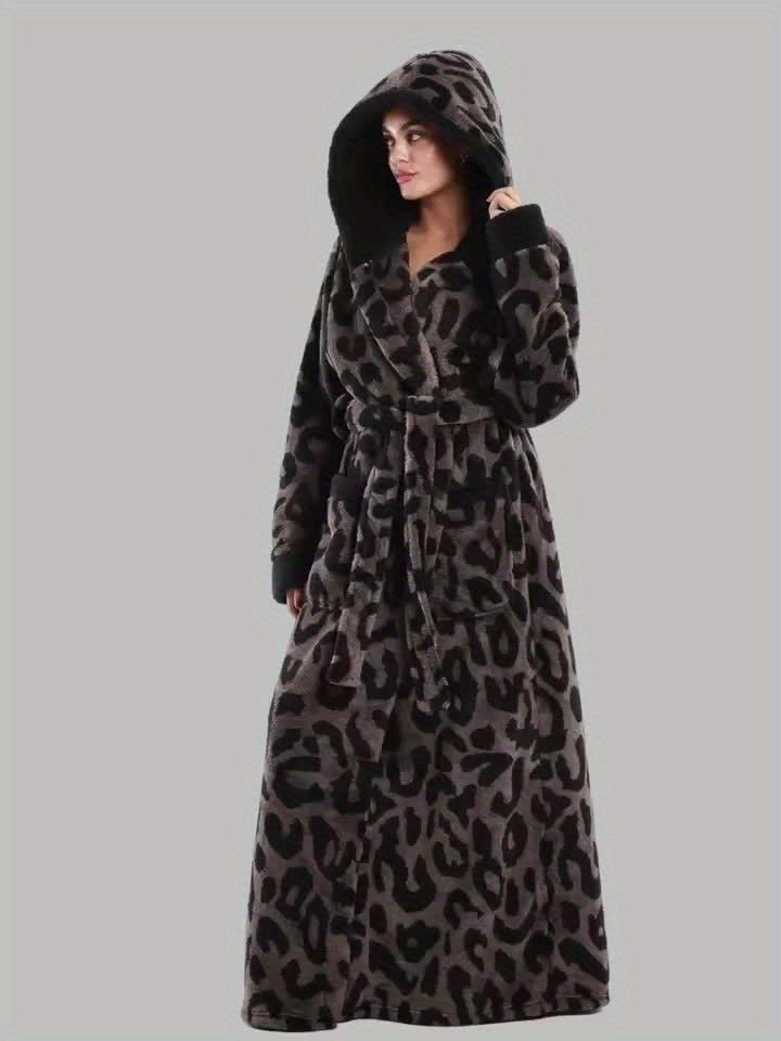 Robe de Chambre Femme Longue à Capuche Motif Léopard
