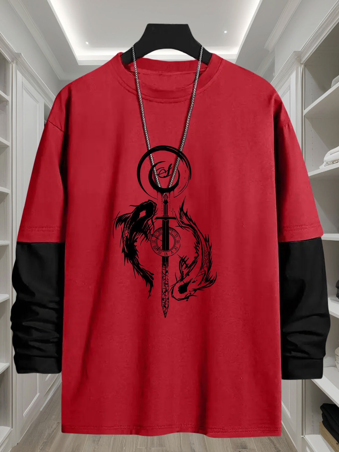 T-shirt Homme Manches Longues Bicolore Imprimé Dragon Épée