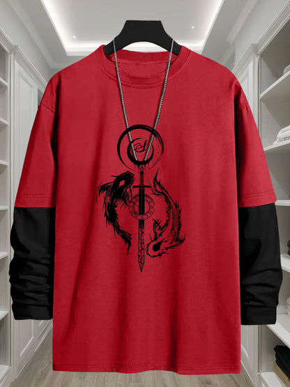 T-shirt Homme Manches Longues Bicolore Imprimé Dragon Épée