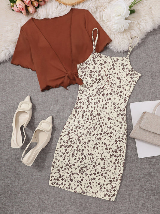 Robe fleurie élégante avec boléro noué pour mujer, conjunto chic de primavera y verano
