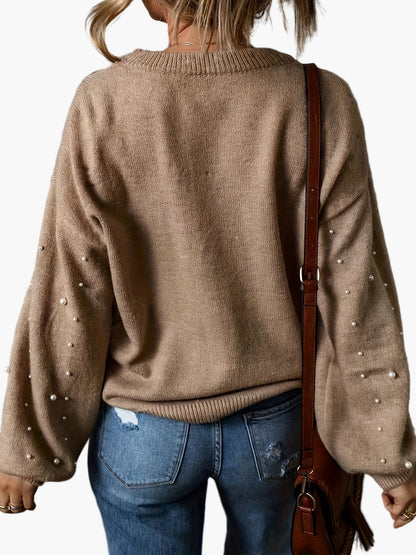 Elegant women's sweater with pearls, casual style, long sleeves