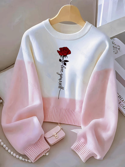 Sweat-shirt bicolore blanc rose imprimé rose rouge et texte col rond