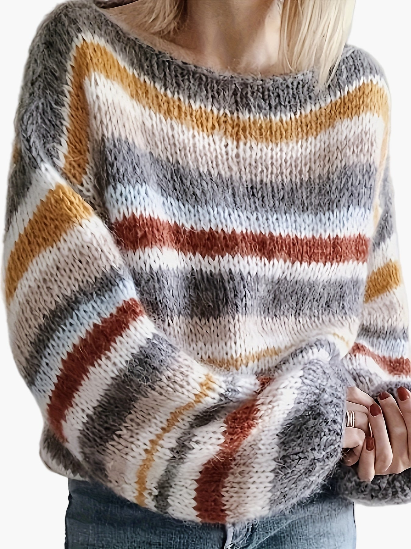 Pull d'hiver décontracté à rayures pour femme, coupe ample, manches longues, style moderne