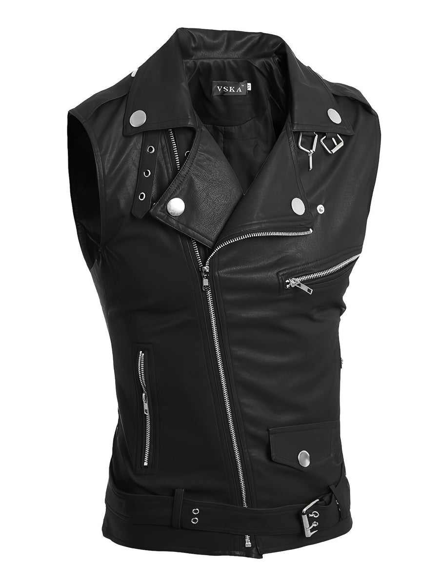 Gilet de style motard en similicuir sans manches avec fermeture éclair asymétrique
