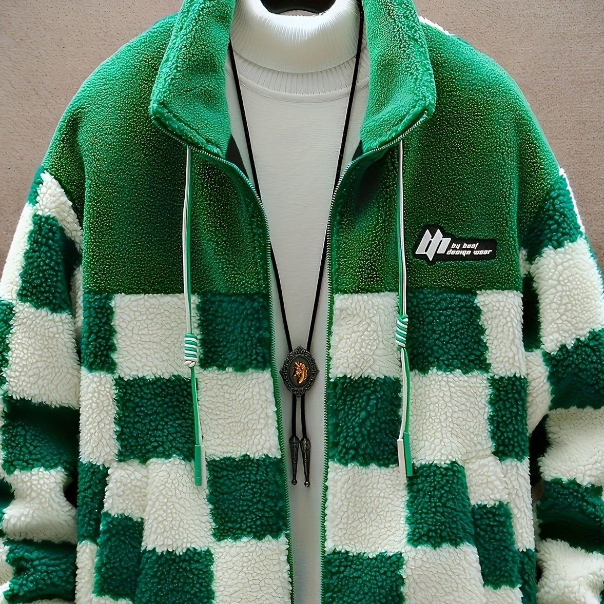 Veste Polaire Homme à Carreaux Bicolores Douce Col Montant Fermeture Éclair