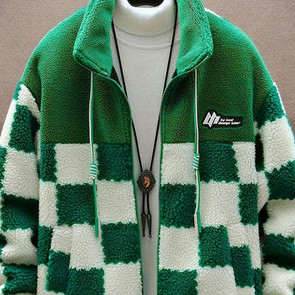 Veste Polaire Homme à Carreaux Bicolores Douce Col Montant Fermeture Éclair