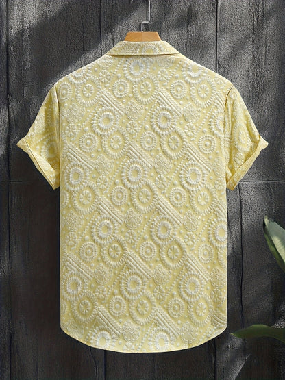 Camicia da uomo stile resort a maniche corte, motivo medaglione testurizzato, ideale per vacanze e uscite estive