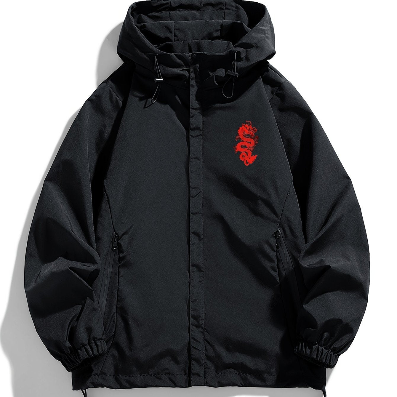 Veste à Capuche Noire Imprimé Dragon Rouge Fermeture Éclair Homme