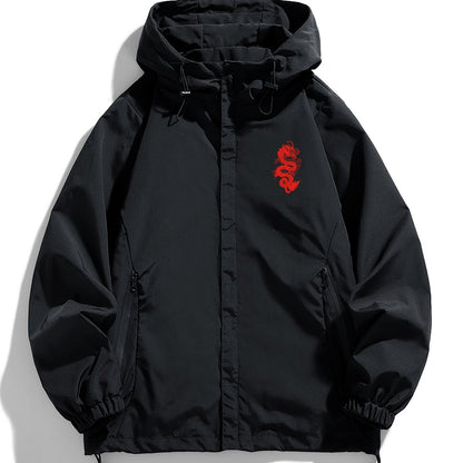 Veste à Capuche Noire Imprimé Dragon Rouge Fermeture Éclair Homme