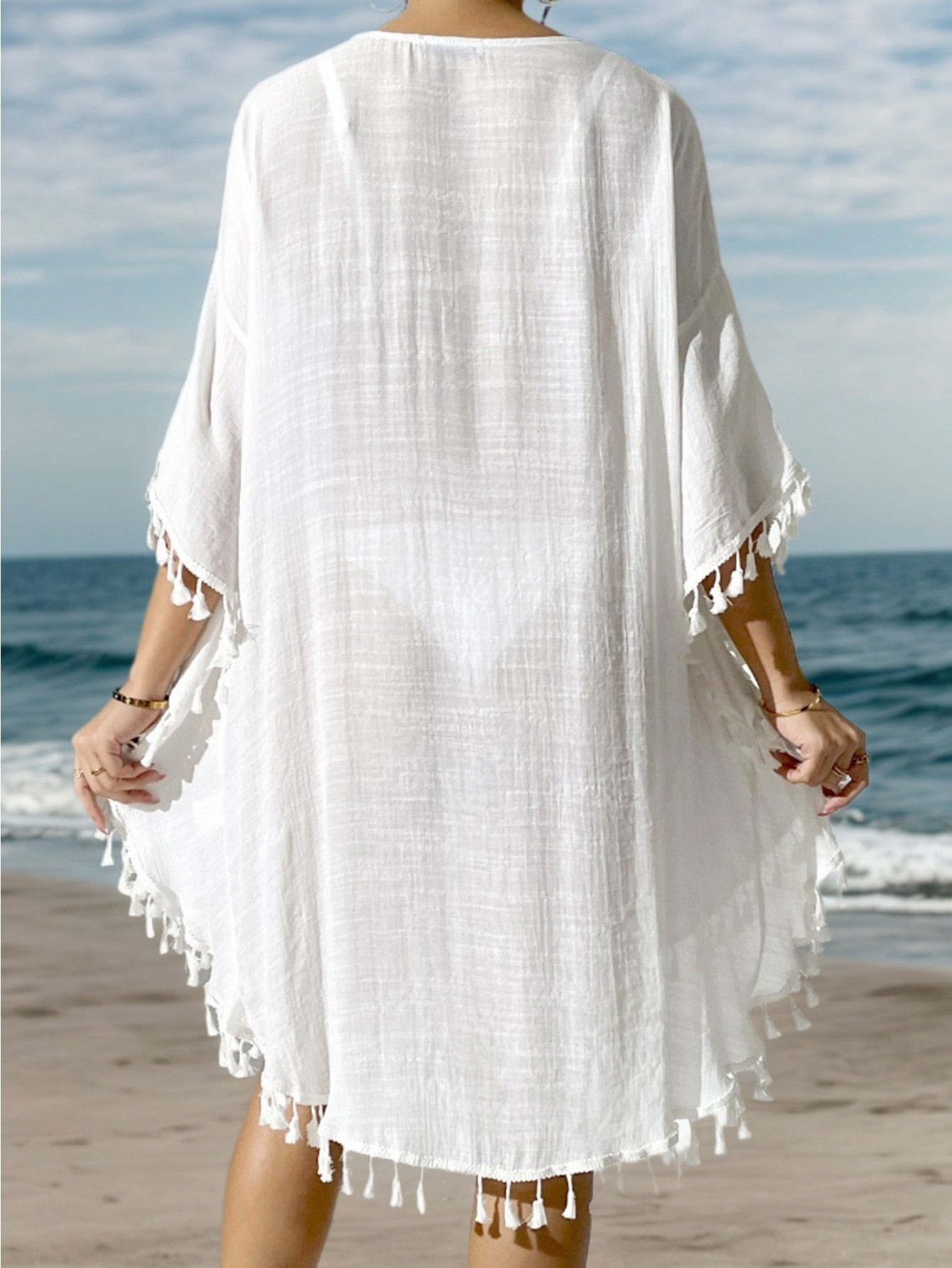 Tunique de plage femme style poncho bohème chic avec crochet et franges - idéal par-dessus maillot