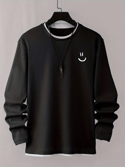 Pull homme texturé gaufré manches longues imprimé smiley col rond