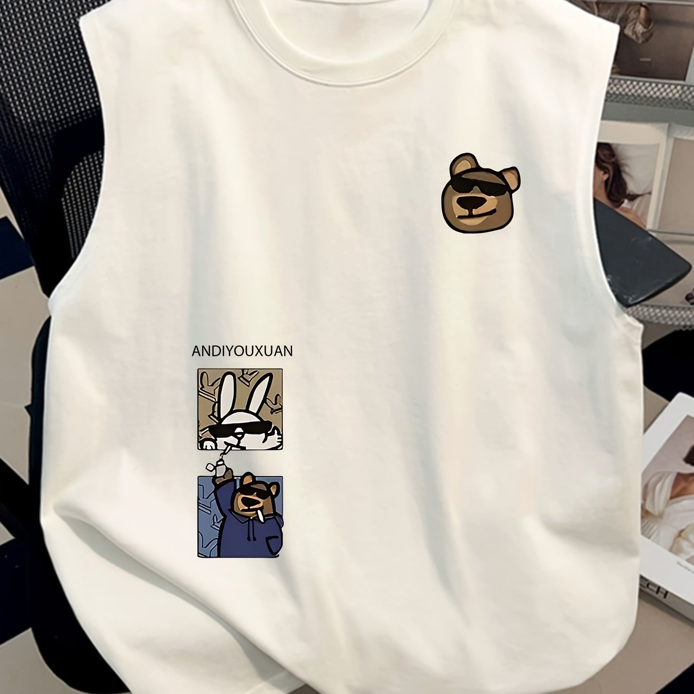 Uniseks mouwloos shirt in streetwearstijl met grappige dierenprints – Trendy stedelijke mode