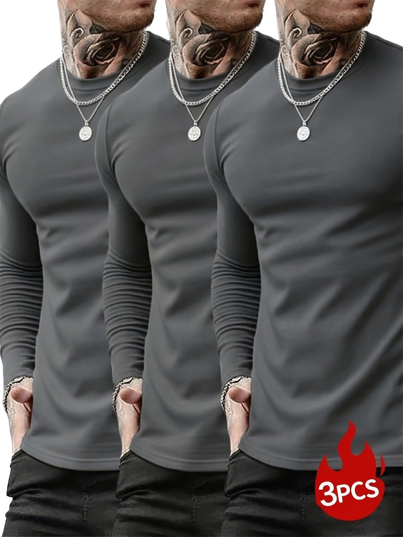 Lot de 3 T-shirts Homme Manches Longues Unis Cou Ras-du-cou Noir Gris Blanc
