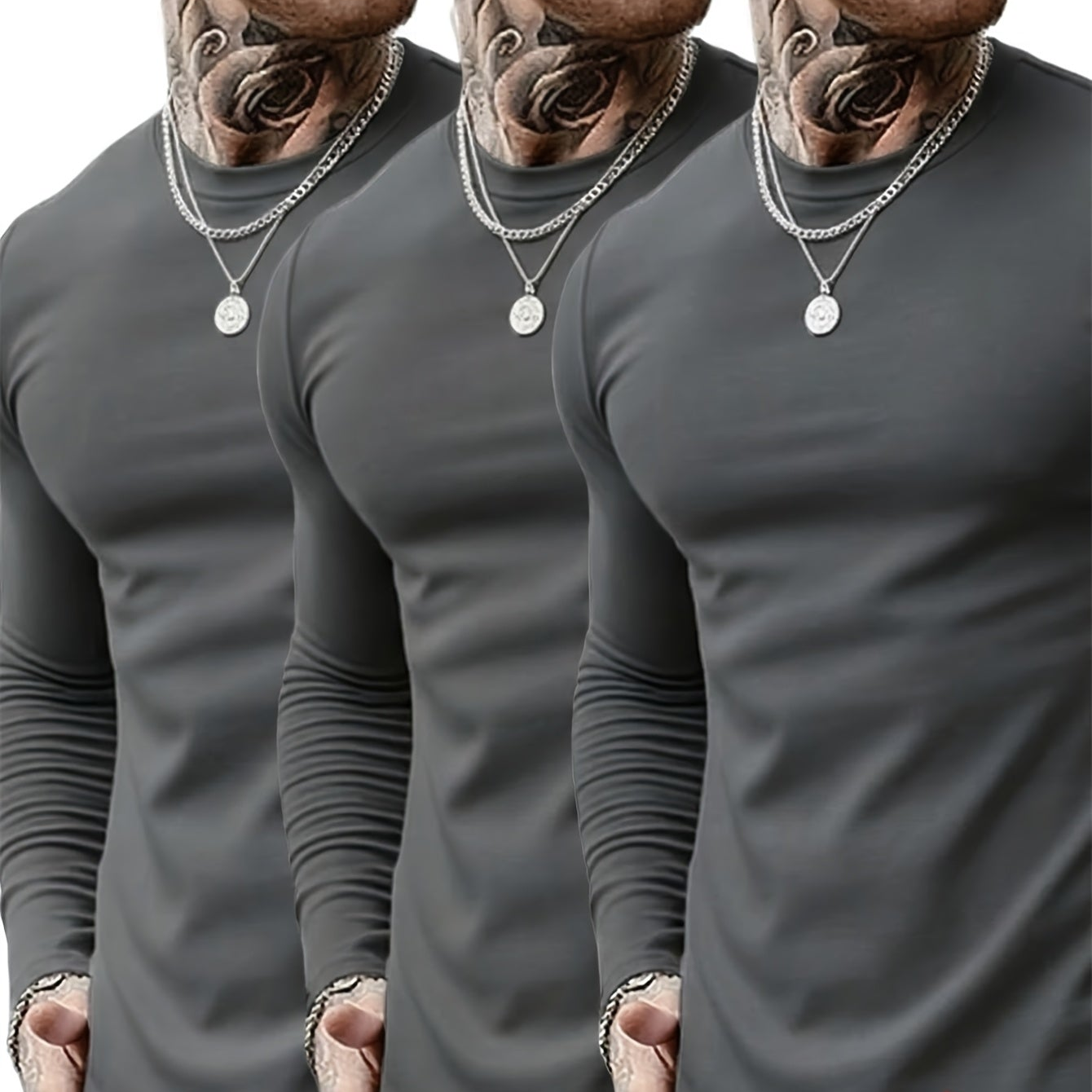 Lot de 3 T-shirts Homme Manches Longues Unis Cou Ras-du-cou Noir Gris Blanc